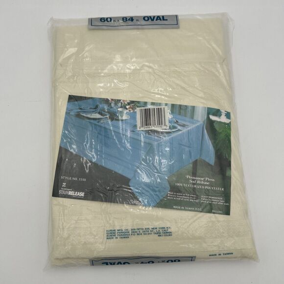 NOS Satin Stripe Fabric Cream Tablecloth NIP 100% Textured Polyster 60 x 84 Oval - Picture 6 of 12